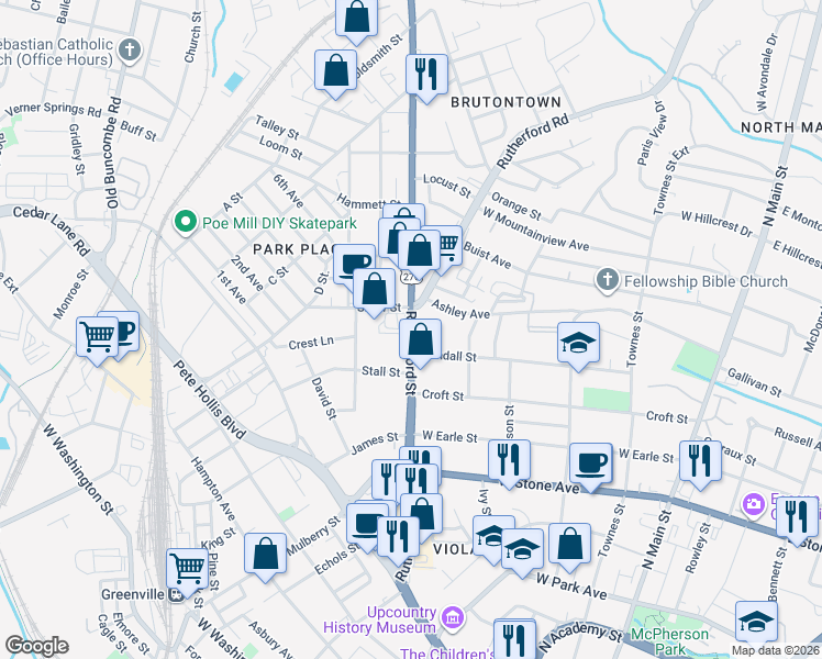 map of restaurants, bars, coffee shops, grocery stores, and more near 24 Rutherford Road in Greenville