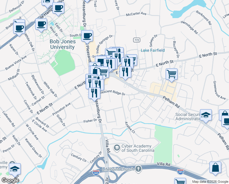map of restaurants, bars, coffee shops, grocery stores, and more near 10 Pelham Road in Greenville