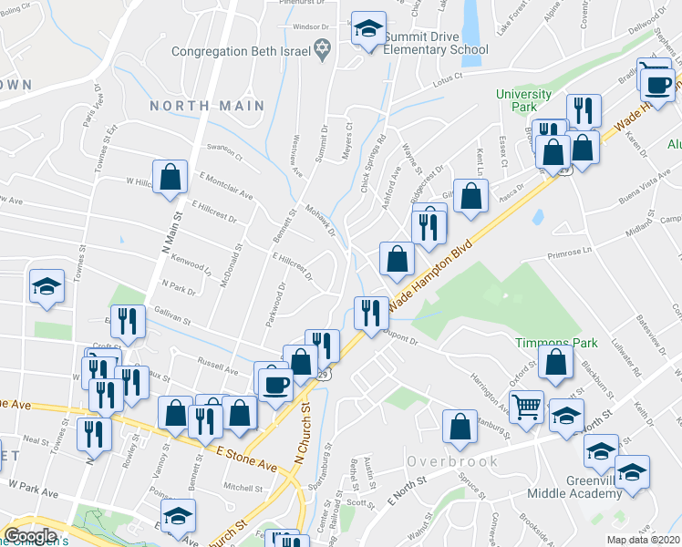 map of restaurants, bars, coffee shops, grocery stores, and more near 5 Chick Springs Road in Greenville