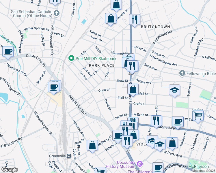 map of restaurants, bars, coffee shops, grocery stores, and more near 301 Shaw Street in Greenville