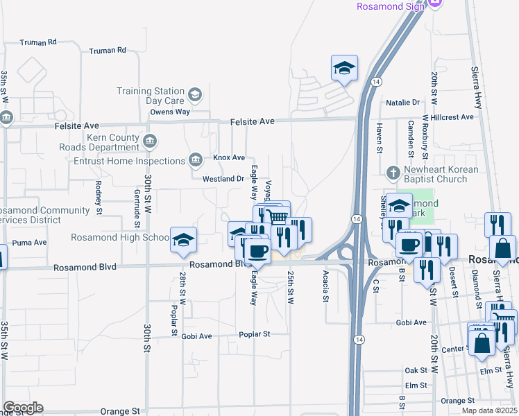 map of restaurants, bars, coffee shops, grocery stores, and more near 3253 Voyager Street in Rosamond