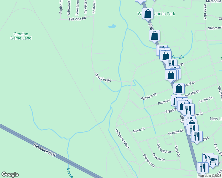 map of restaurants, bars, coffee shops, grocery stores, and more near 107 Foxhall Street in Havelock