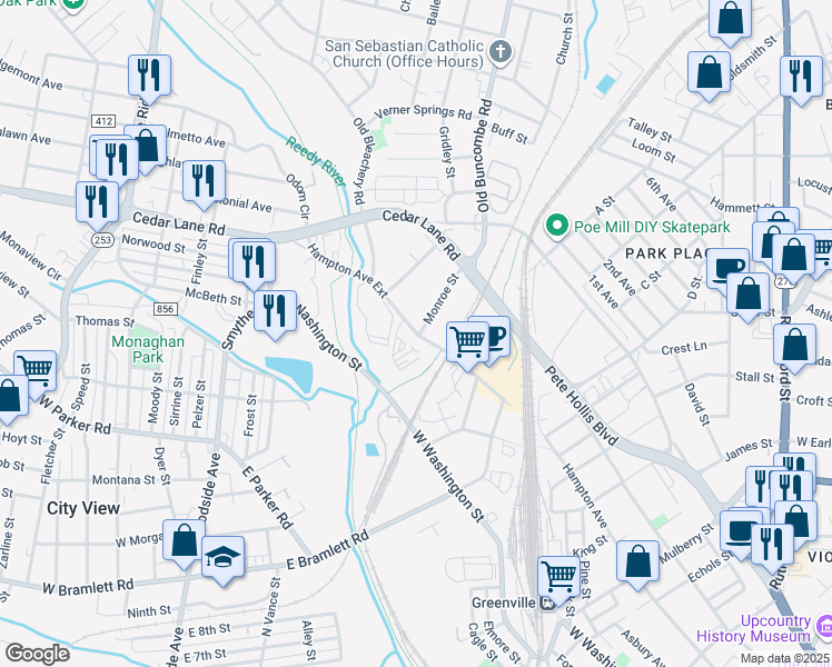map of restaurants, bars, coffee shops, grocery stores, and more near 1411 Hampton Avenue in Greenville