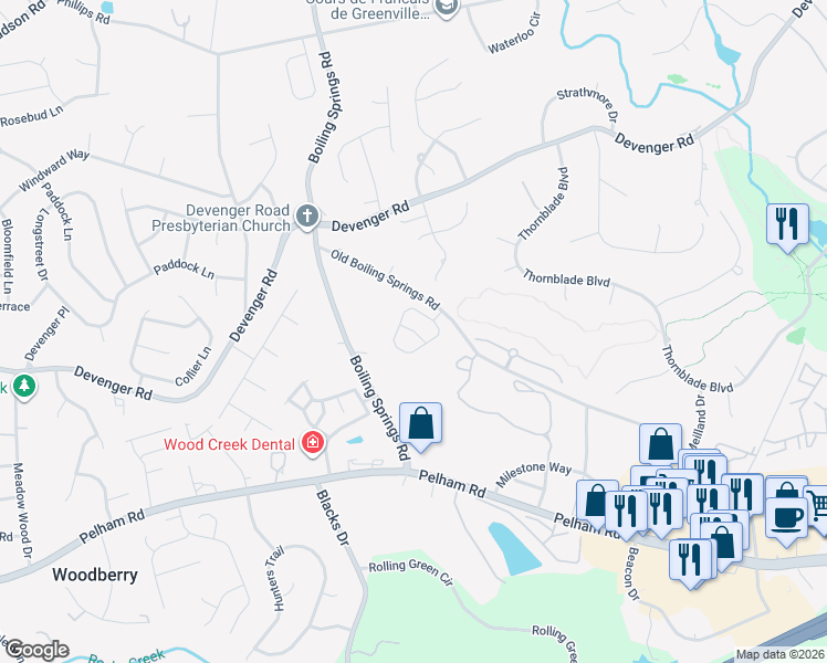 map of restaurants, bars, coffee shops, grocery stores, and more near Creedmoor Drive in Greer