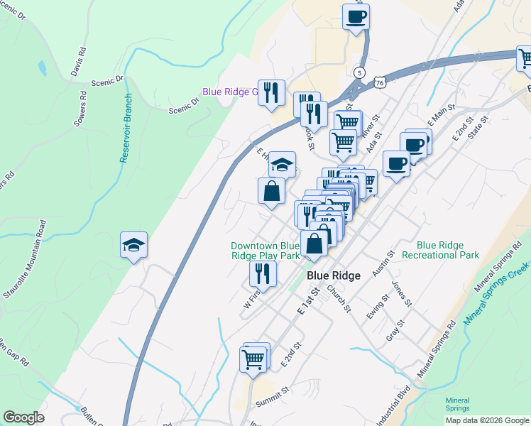 map of restaurants, bars, coffee shops, grocery stores, and more near 18 Depot Street in Blue Ridge