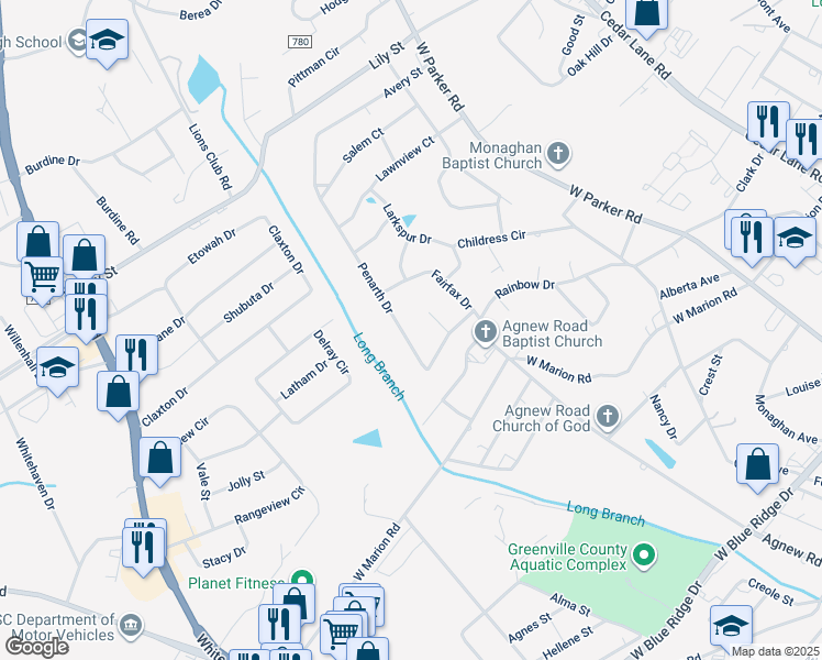 map of restaurants, bars, coffee shops, grocery stores, and more near 409 Penarth Drive in Greenville