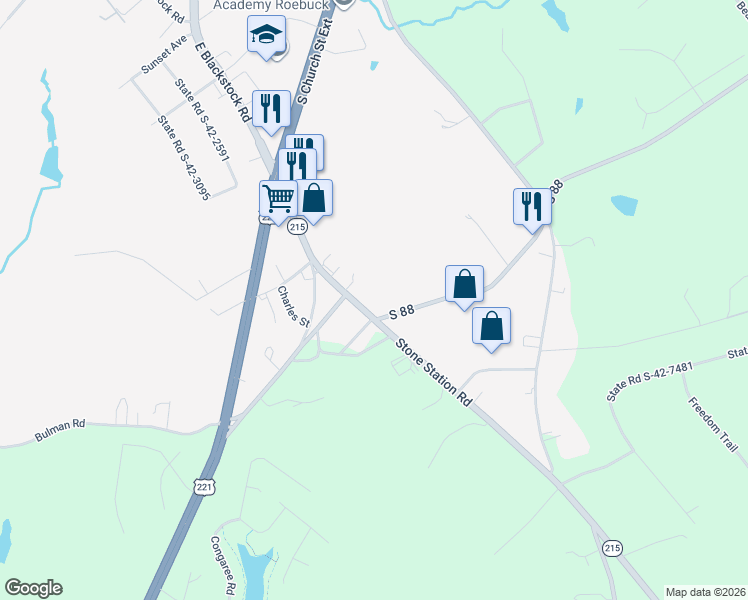 map of restaurants, bars, coffee shops, grocery stores, and more near 2699 Stone Station Road in Roebuck