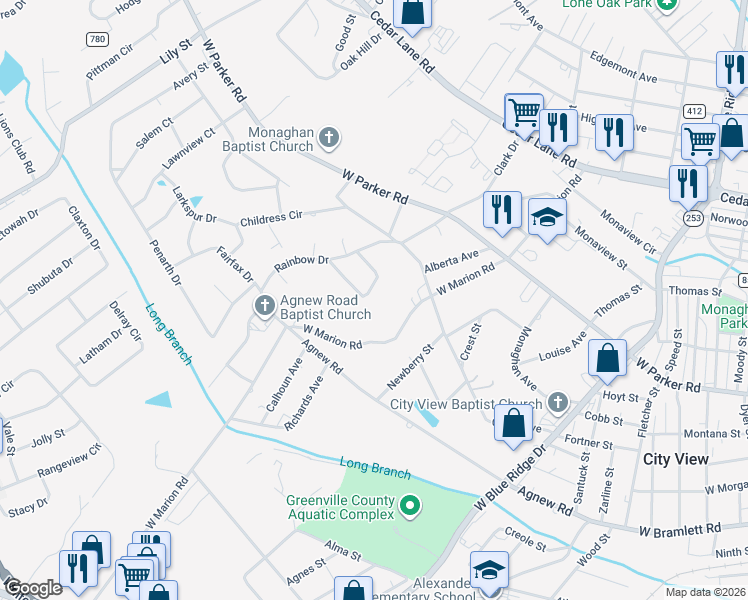 map of restaurants, bars, coffee shops, grocery stores, and more near 13 Bayne Drive in Greenville