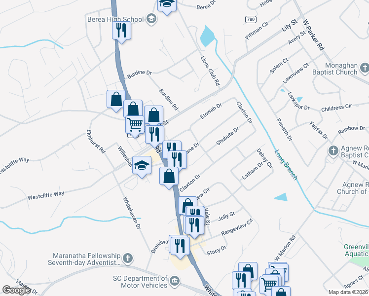 map of restaurants, bars, coffee shops, grocery stores, and more near 6526 White Horse Road in Greenville