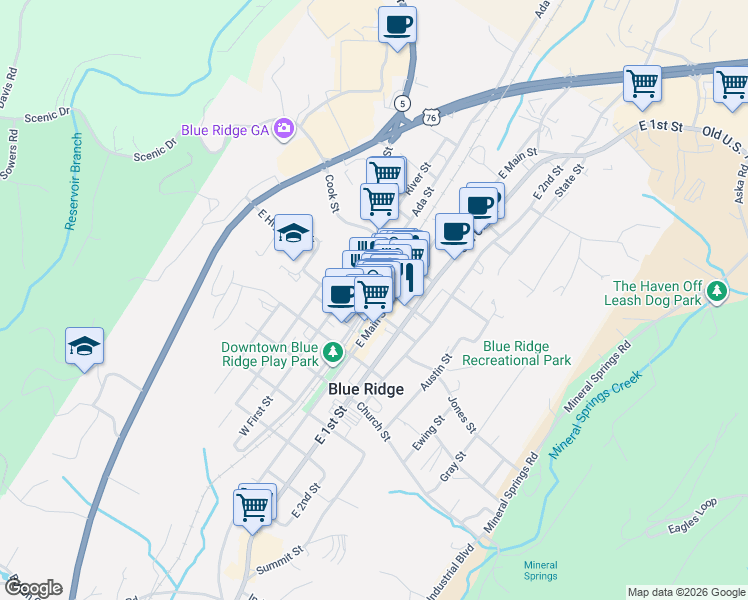 map of restaurants, bars, coffee shops, grocery stores, and more near 116 West Main Street in Blue Ridge