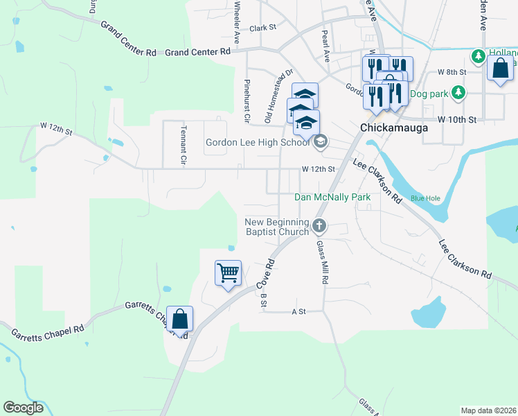 map of restaurants, bars, coffee shops, grocery stores, and more near 106 Christopher Drive in Chickamauga