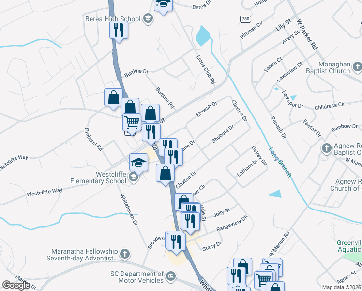 map of restaurants, bars, coffee shops, grocery stores, and more near 6526 White Horse Road in Greenville