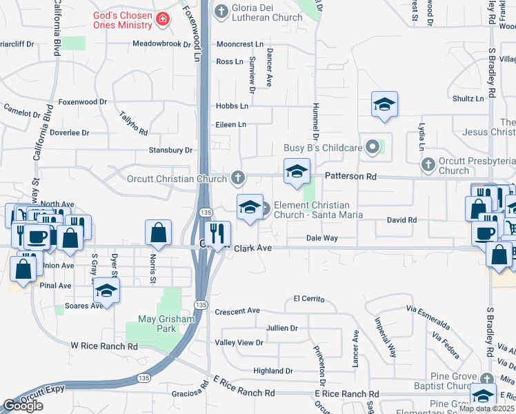 map of restaurants, bars, coffee shops, grocery stores, and more near 4875 Bethany Lane in Santa Maria