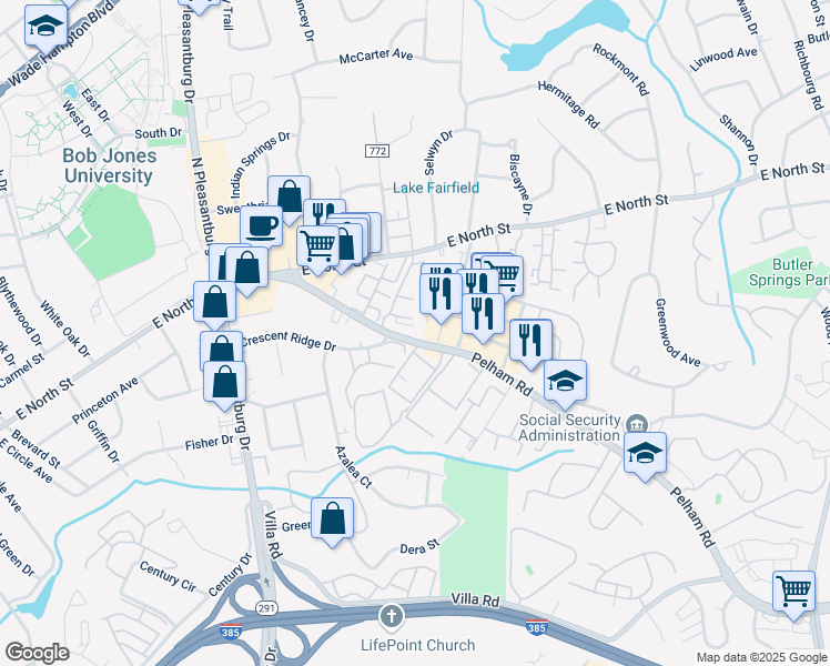 map of restaurants, bars, coffee shops, grocery stores, and more near 25 Pelham Road in Greenville