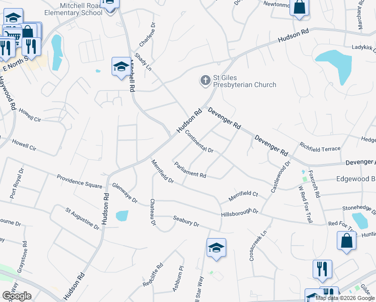 map of restaurants, bars, coffee shops, grocery stores, and more near 9 Parliament Road in Greenville