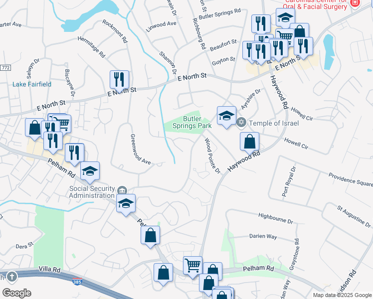 map of restaurants, bars, coffee shops, grocery stores, and more near 7 Kittery Drive in Greenville