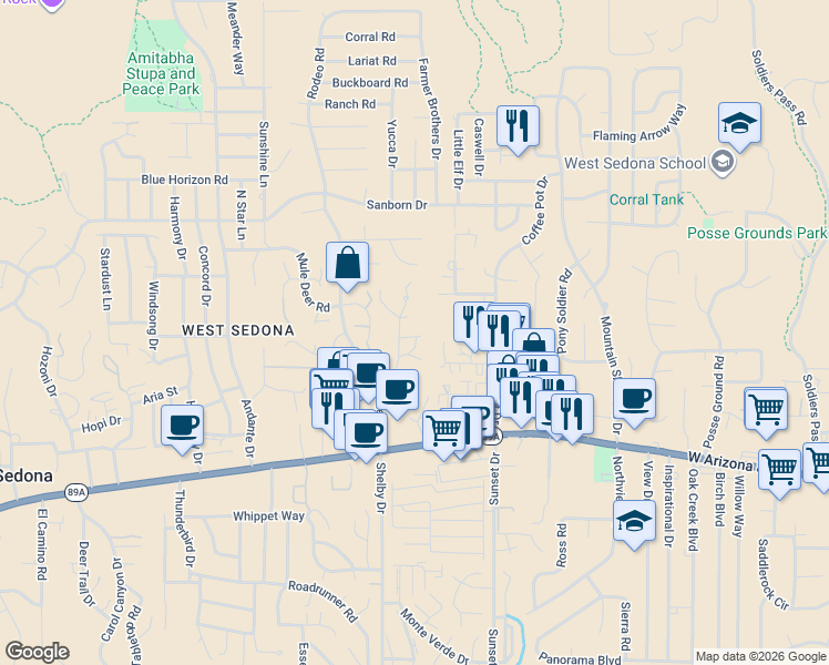 map of restaurants, bars, coffee shops, grocery stores, and more near 240 Goodrow Lane in Sedona