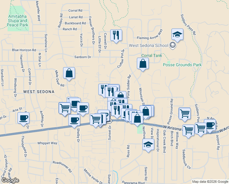 map of restaurants, bars, coffee shops, grocery stores, and more near 260 Coffee Pot Drive in Sedona
