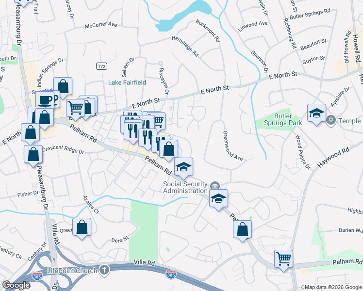 map of restaurants, bars, coffee shops, grocery stores, and more near 405 Falling Rock Way in Greenville
