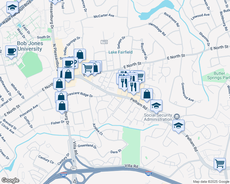 map of restaurants, bars, coffee shops, grocery stores, and more near 115 Pelham Road in Greenville