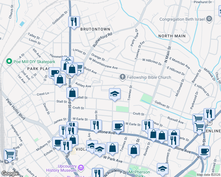 map of restaurants, bars, coffee shops, grocery stores, and more near 601 Wilton Street in Greenville