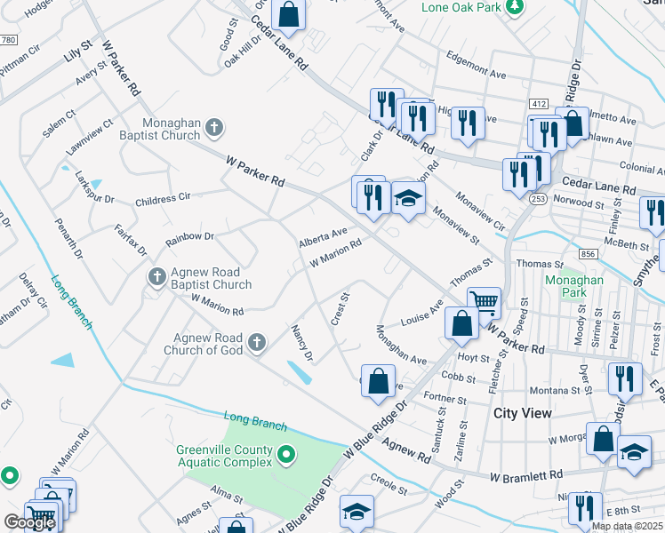 map of restaurants, bars, coffee shops, grocery stores, and more near 11 West Marion Road in Greenville