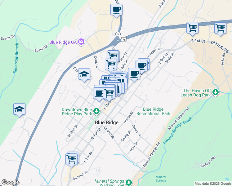 map of restaurants, bars, coffee shops, grocery stores, and more near 531 East Main Street in Blue Ridge