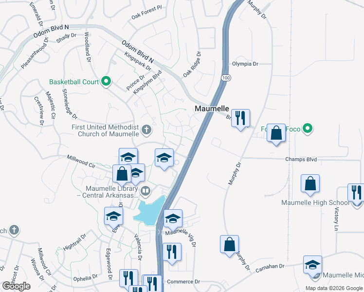 map of restaurants, bars, coffee shops, grocery stores, and more near 16 Hickory Place in Maumelle