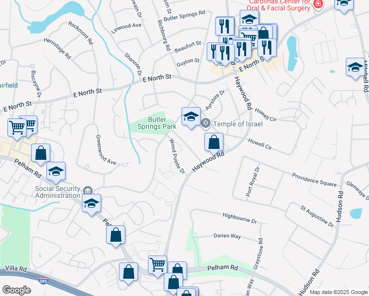 map of restaurants, bars, coffee shops, grocery stores, and more near 59 Haywood Road in Greenville