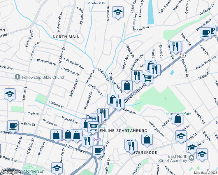 map of restaurants, bars, coffee shops, grocery stores, and more near 109 Hillcrest Circle in Greenville