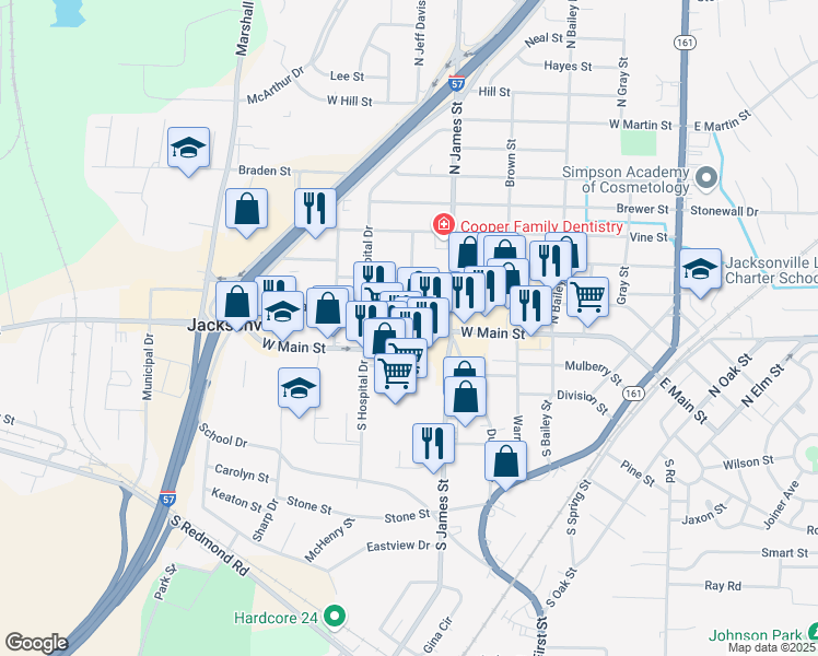 map of restaurants, bars, coffee shops, grocery stores, and more near 10 North Jeff Davis Avenue in Jacksonville