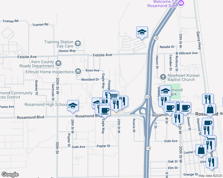 map of restaurants, bars, coffee shops, grocery stores, and more near 3253 Voyager Street in Rosamond