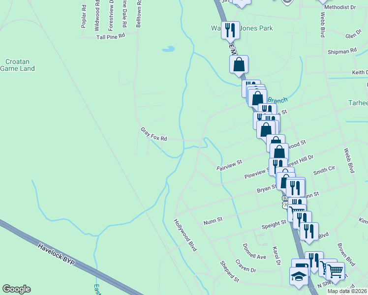 map of restaurants, bars, coffee shops, grocery stores, and more near 103 Gray Fox Road in Havelock