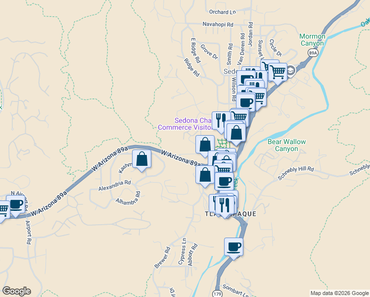 map of restaurants, bars, coffee shops, grocery stores, and more near 826 Forest Road in Sedona