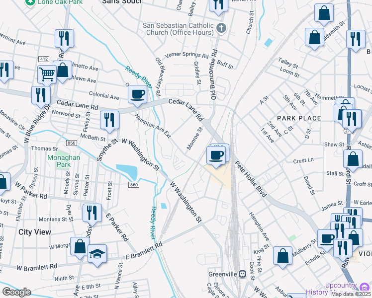 map of restaurants, bars, coffee shops, grocery stores, and more near 1 Monroe Street in Greenville