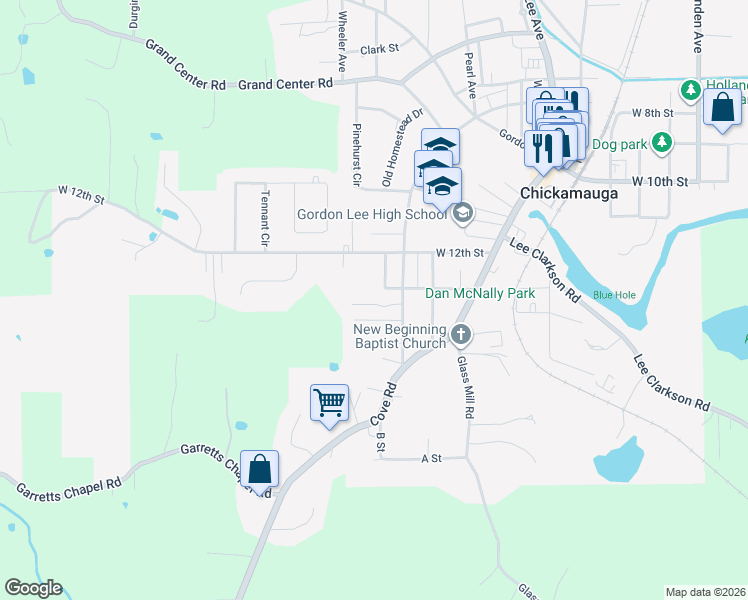 map of restaurants, bars, coffee shops, grocery stores, and more near 106 Christopher Drive in Chickamauga