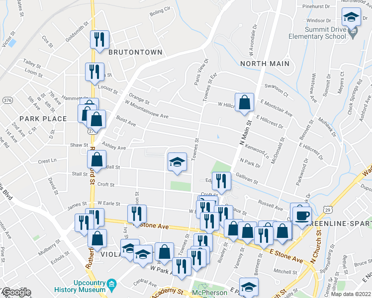 map of restaurants, bars, coffee shops, grocery stores, and more near 107 Ashley Avenue in Greenville