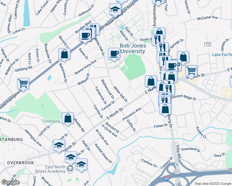 map of restaurants, bars, coffee shops, grocery stores, and more near 111 White Oak Drive in Greenville