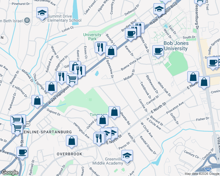 map of restaurants, bars, coffee shops, grocery stores, and more near 11 Primrose Lane in Greenville