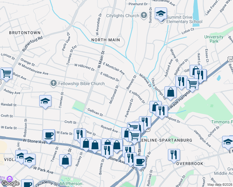 map of restaurants, bars, coffee shops, grocery stores, and more near 106 East Hillcrest Drive in Greenville