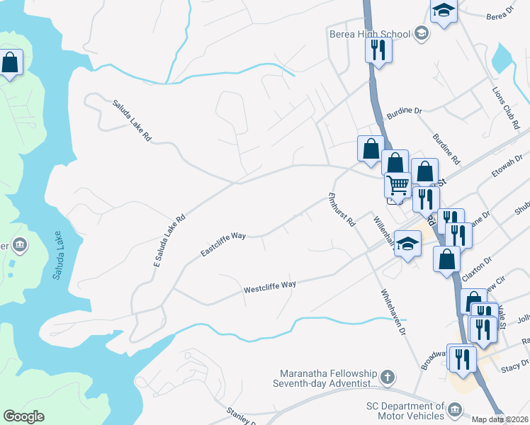 map of restaurants, bars, coffee shops, grocery stores, and more near 1009 East Saluda Lake Road in Greenville