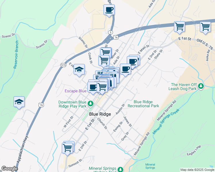 map of restaurants, bars, coffee shops, grocery stores, and more near 531 East Main Street in Blue Ridge
