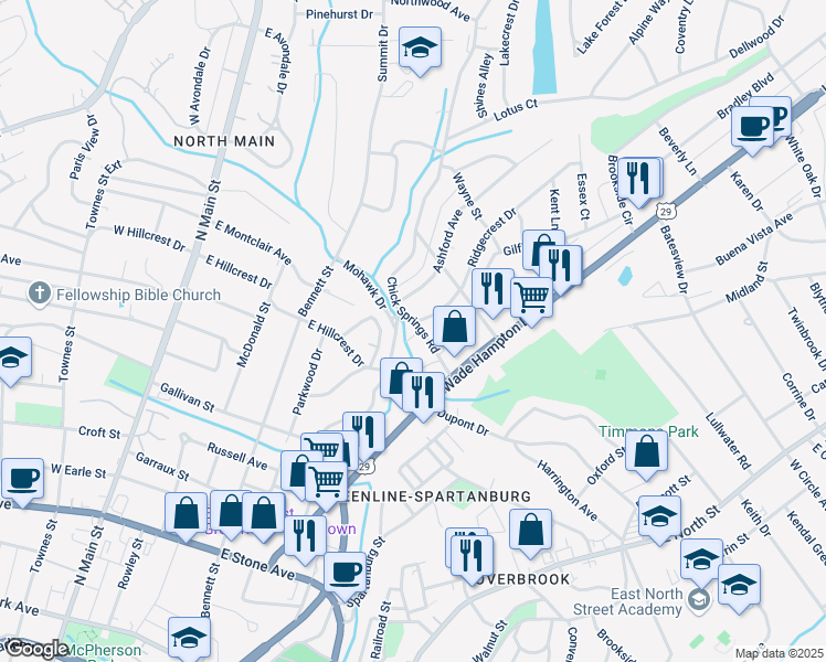 map of restaurants, bars, coffee shops, grocery stores, and more near 5 Chick Springs Road in Greenville
