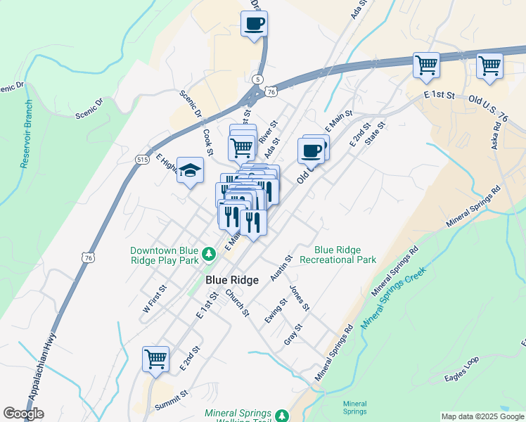 map of restaurants, bars, coffee shops, grocery stores, and more near 531 East Main Street in Blue Ridge