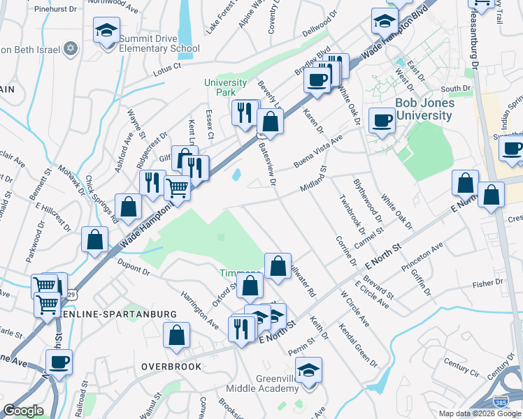 map of restaurants, bars, coffee shops, grocery stores, and more near 11 Primrose Lane in Greenville