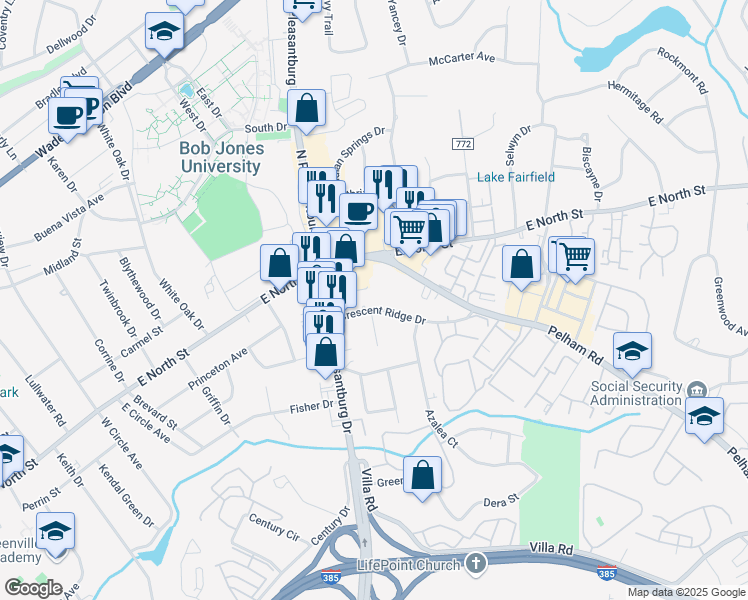 map of restaurants, bars, coffee shops, grocery stores, and more near 101 Crescent Ridge Drive in Greenville