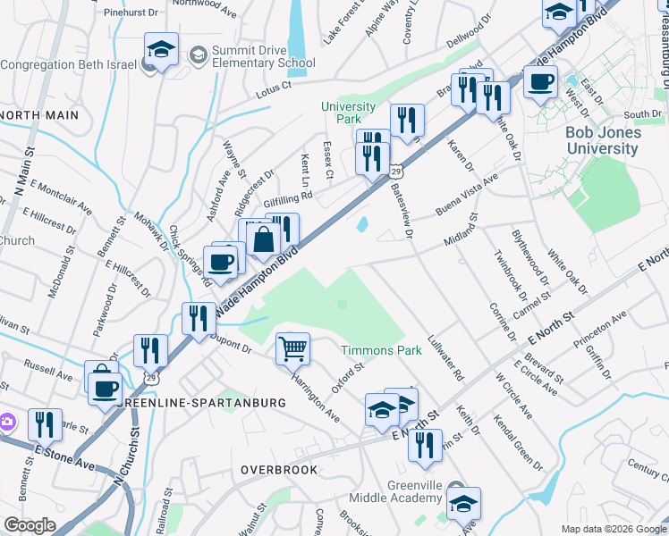 map of restaurants, bars, coffee shops, grocery stores, and more near 44 Primrose Lane in Greenville