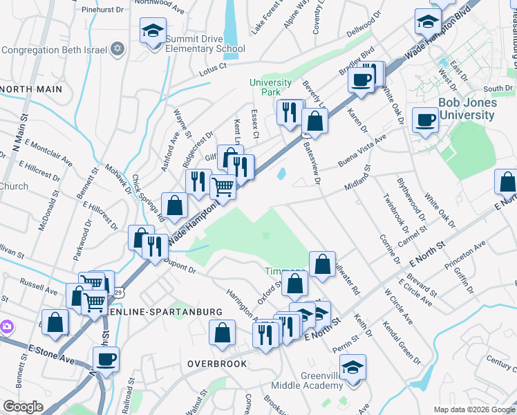 map of restaurants, bars, coffee shops, grocery stores, and more near 44 Primrose Lane in Greenville