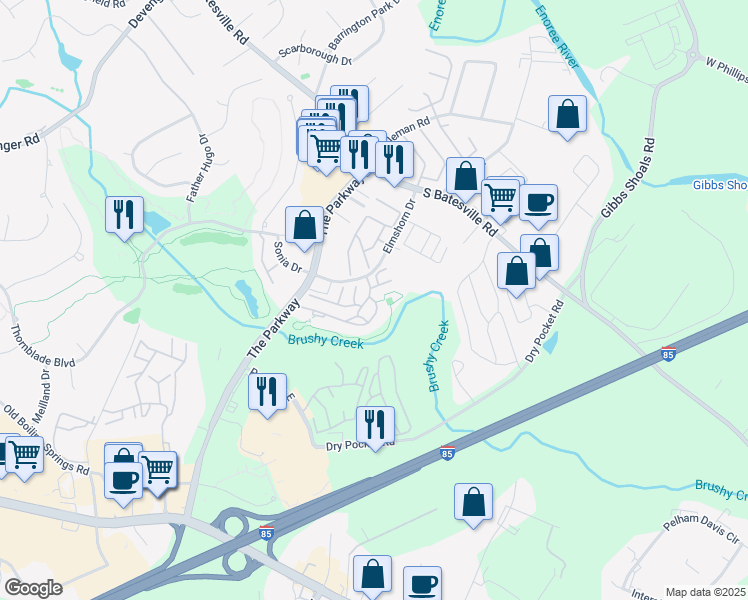 map of restaurants, bars, coffee shops, grocery stores, and more near 1025 Sweet Juliet Way in Greer