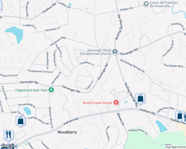 map of restaurants, bars, coffee shops, grocery stores, and more near 38 Collier Ln in Greer